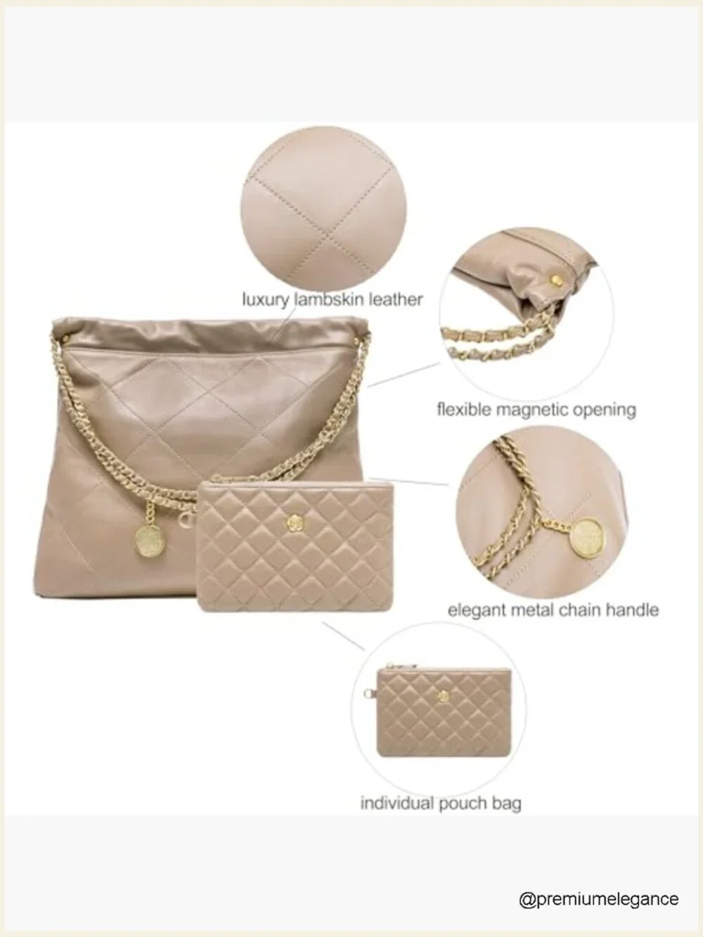 Quilted Leather Tote Bag Soft Lambskin Shoulder Hobo Chain Purse with Clutch